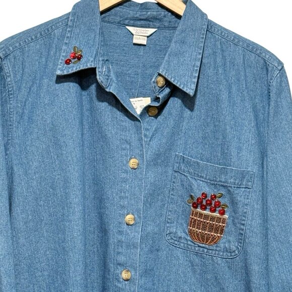 NWT CJ Banks Y2K Embroidered Denim Shirt Apples Basket Autumn Fall Womens Large - Picture 3 of 10